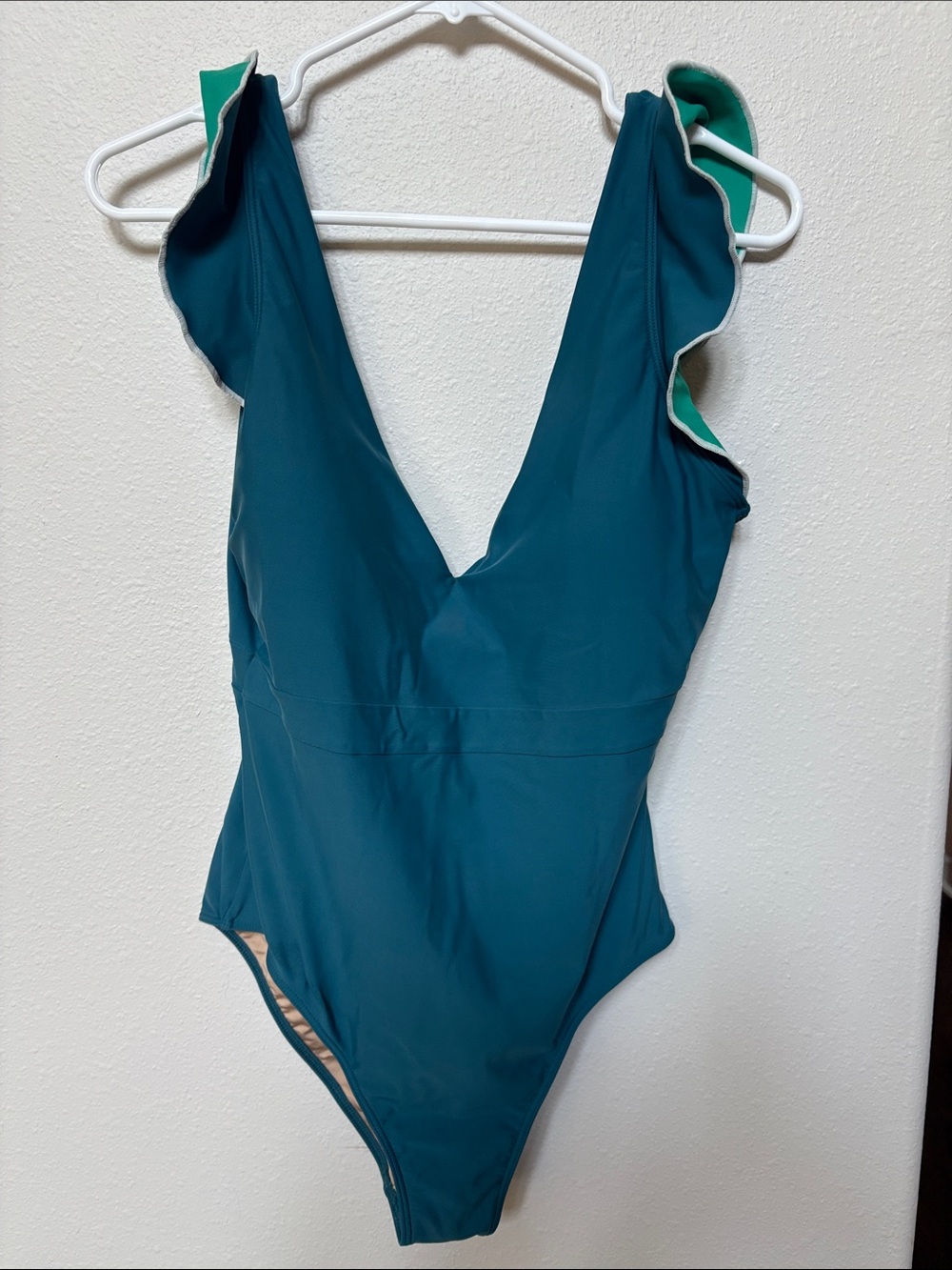 Summersalt teal women’s swimsuit -the Ruffle Backflip in seaweed and sea glass